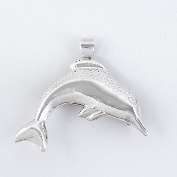 Vintage Mexico Sterling Silver 925 Dolphin Brooch Pendant - Picture 2 of 9